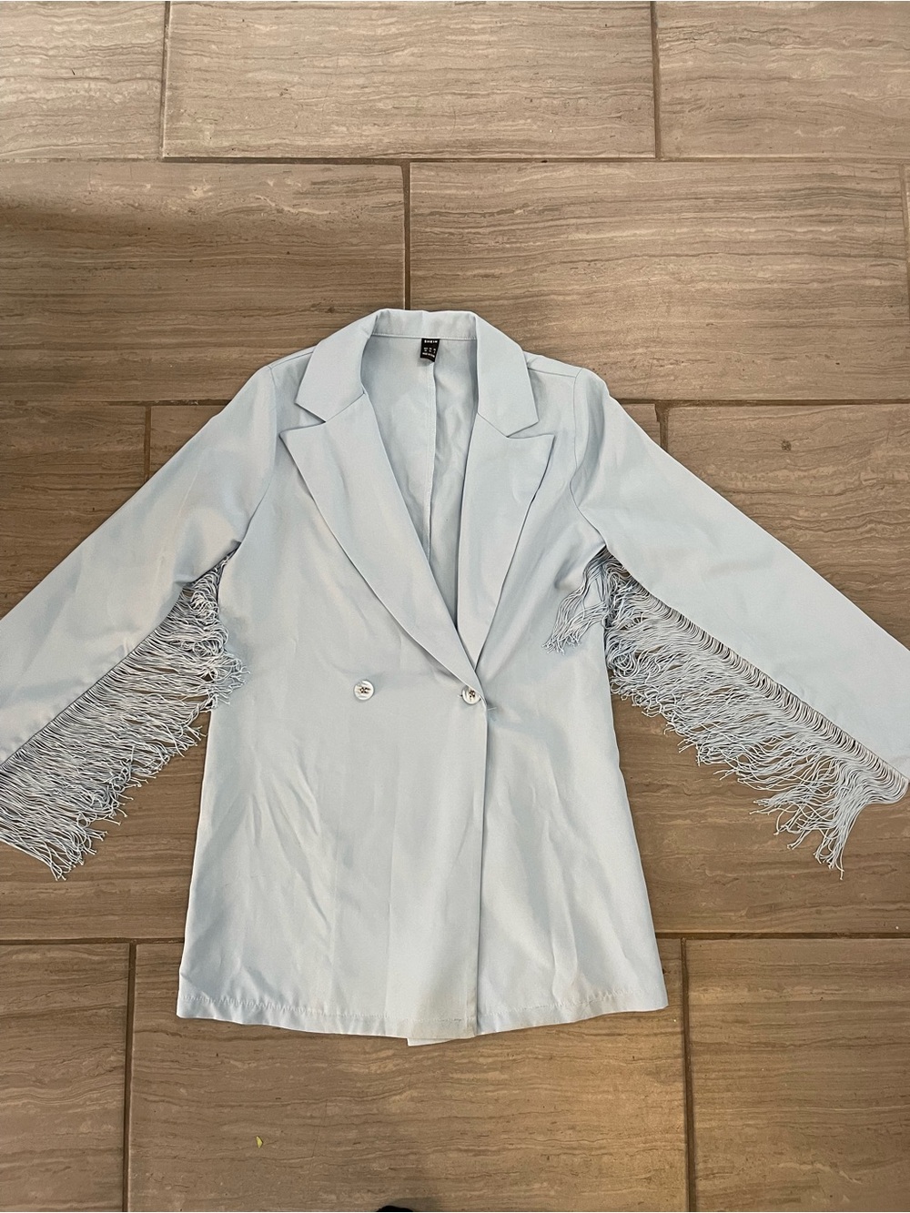 Light Blue Fringe Sleeve Double-Breasted Blazer